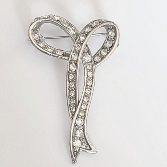 Vintage Retro Rhinestone Crystal Sterling Silver Bow Grandma Coquette Brooch Pin - Picture 1 of 6